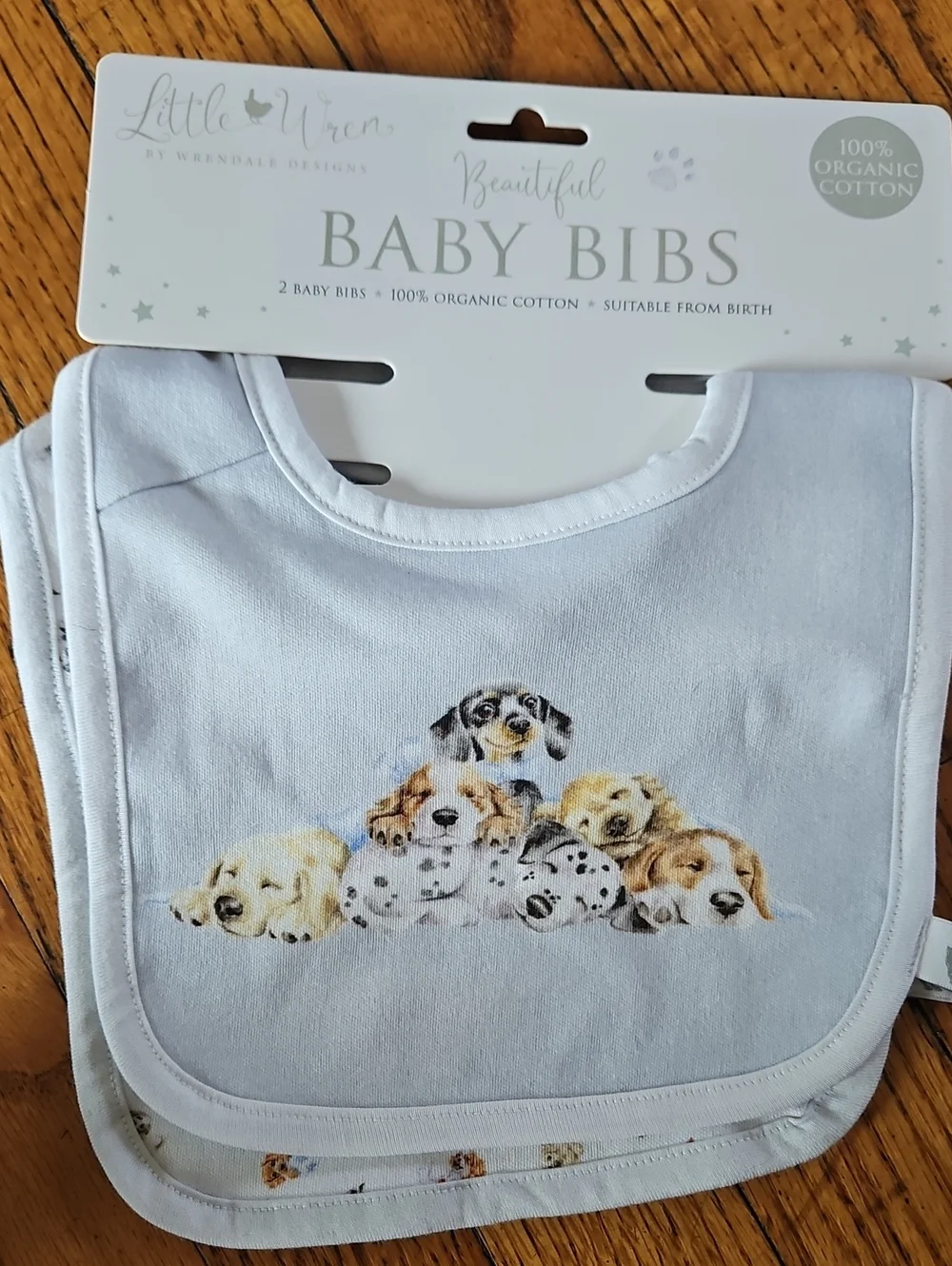 Organic Cotton Baby Bibs - Light Blue with Puppy Design